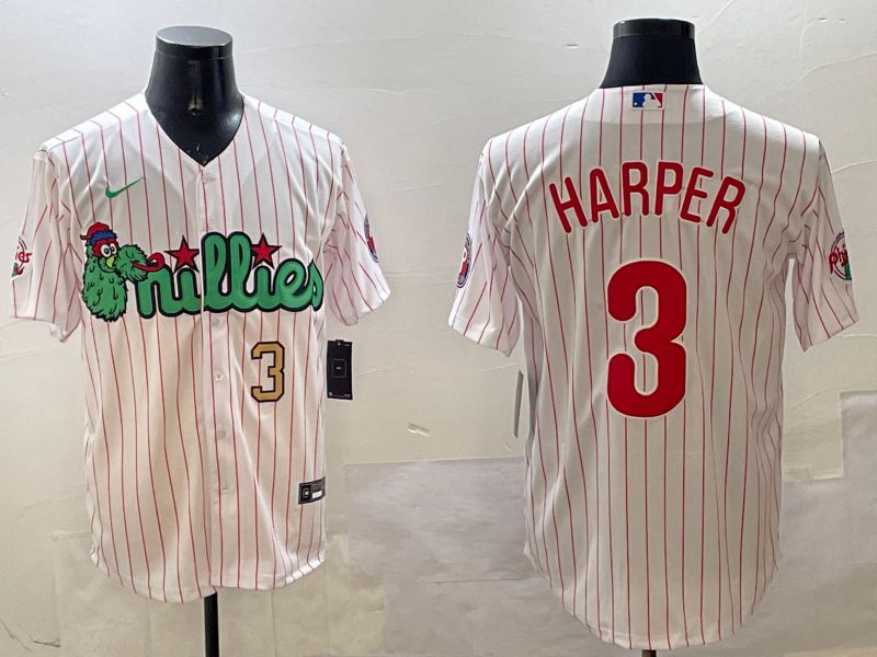 Men Philadelphia Phillies 3 Harper White Stripe Three generations Joint Name Game 2025 Nike MLB Jersey style 2